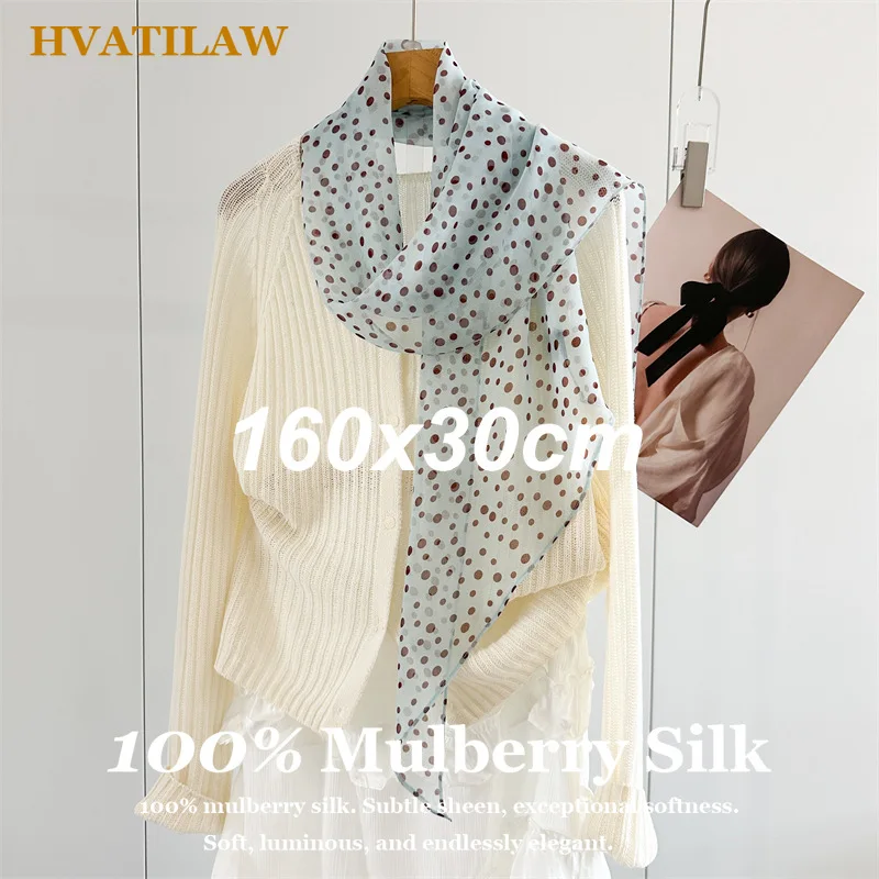 

Women 100% Mulberry Silk Scarf 160x30cm Skinny Scarf Elegant Pure Silk Dot Print Designer Long Neck Scarf Shawl Wrap Gift Her