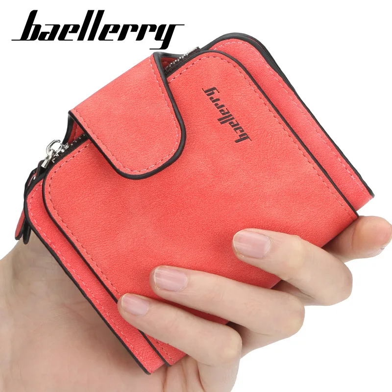 Baellerry Women's Fashion Short Wallet Multi-Card Holder Coin Purse Buckle Abrasive Leather PU Zipper Wallets