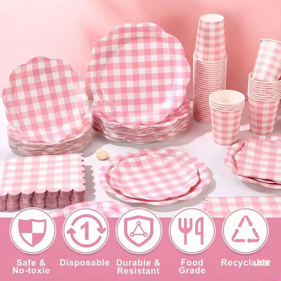 Spitzenrosa Kariertes Einweggeschirr, Pappteller, Becher, Servietten, Tischdecken, Geburtstag Babyparty, Hochzeitsfeier-Zubehör – Detail 7