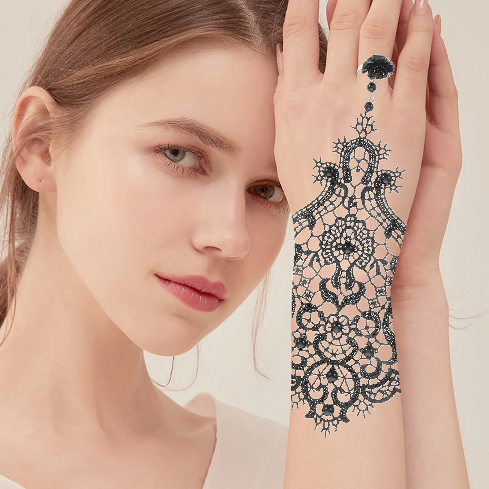 Black Lace Bracelet with Integrated Ring Elegant Sophisticated Women's Formal Evening Jewelry for Weddings Dance Parties Opera