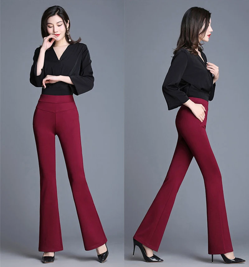 Moda magro estiramento flare calças senhora do escritório elegante elástico de cintura alta bell bottom calças femininas primavera tornozelo comprimento pantalones