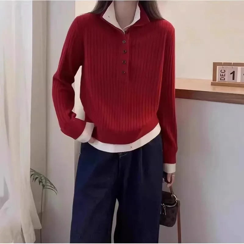 

Высококачественный женский осенне-зимний повседневный пуловер с лацканами, свитер, вязаная одежда, топы