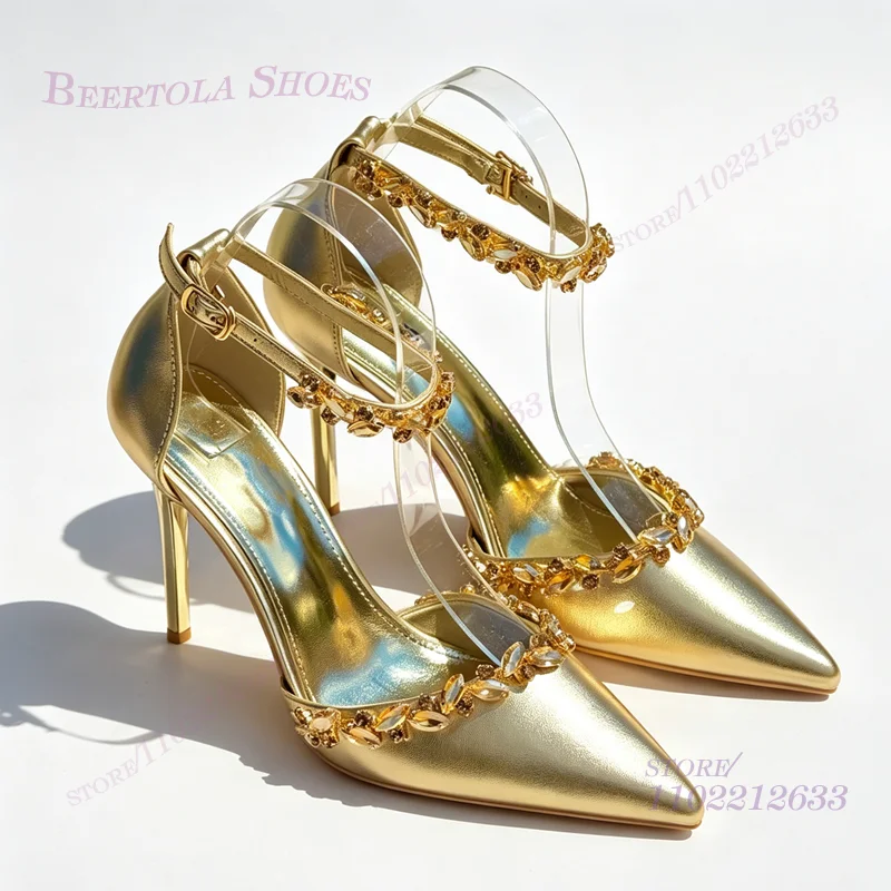

Golden Shiny Crystal Ankle Strap Pump Pure White Wedding Sandals Pointed Tassels Diamond Beads Black Stiletto Heel Buckle Shoes