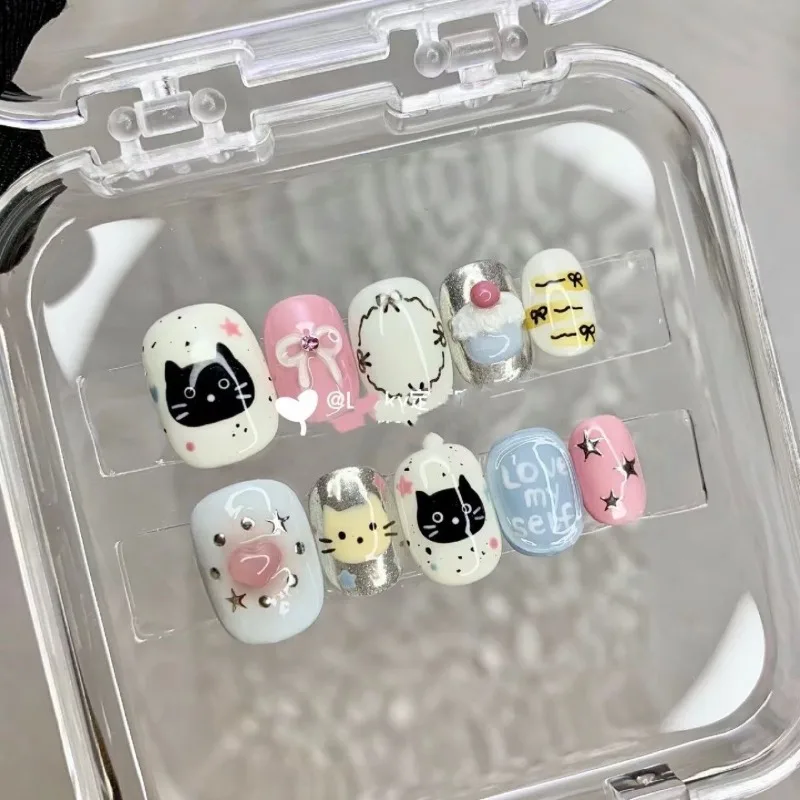 Handmade Kawaii Ins Unhas Postiças com Engraçado Design de Imagem Animal, Reutilizáveis Dicas de Unhas Cobertura Completa, Imprensa Curta nas Unhas, 10Pcs