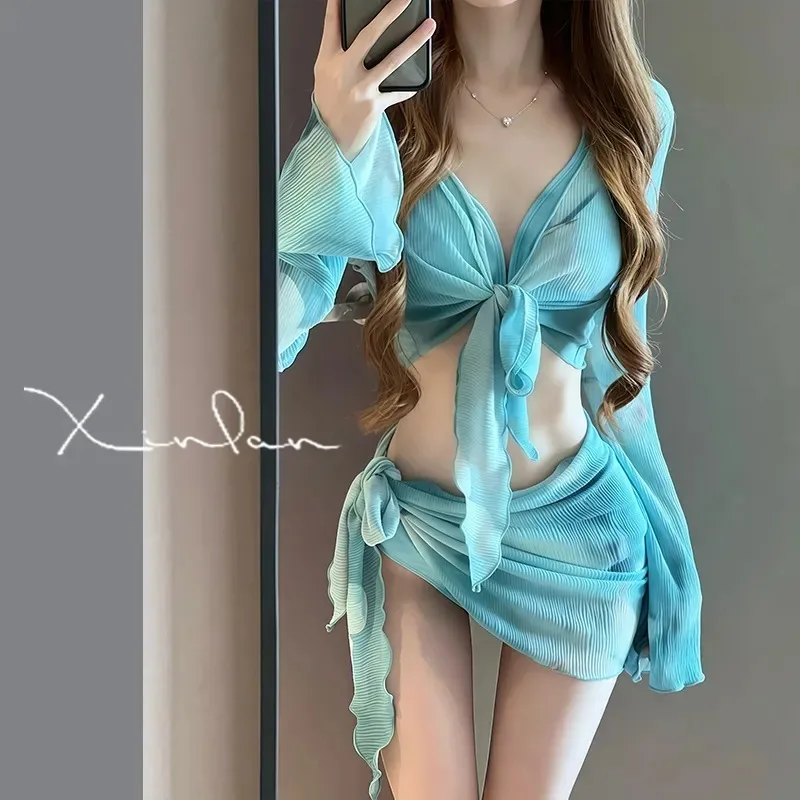 

Women's 3 Piece Sheer Mesh Swimsuit Cover Set Tie Front Long Sleeve Crop Top with Wrap Skirt Bikini for Beach Vaion