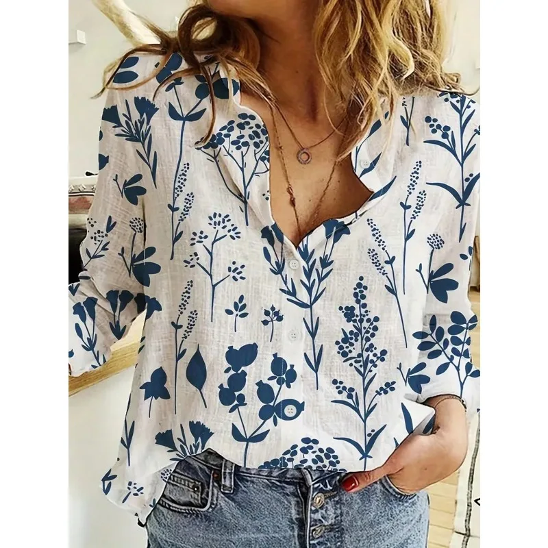 

Женская свободная и универсальная рубашка больших размеров с воротником на пуговицах, модный повседневный и универсальный женский топ с принтом в стиле ретро