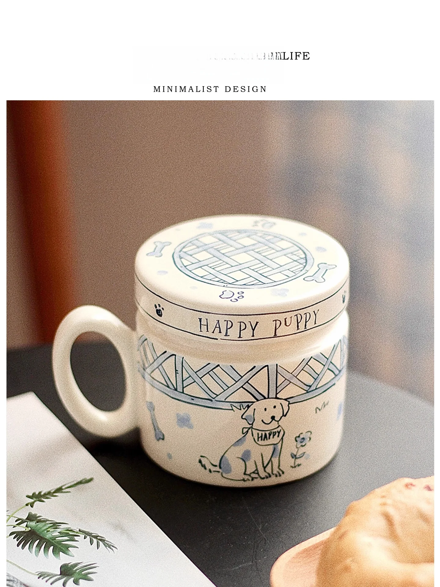 Tlife American Retro Dog Mug with Lid Coffee Cup Ceramic High Temperature Firing Adult Home Use Small Dog Main Pattern