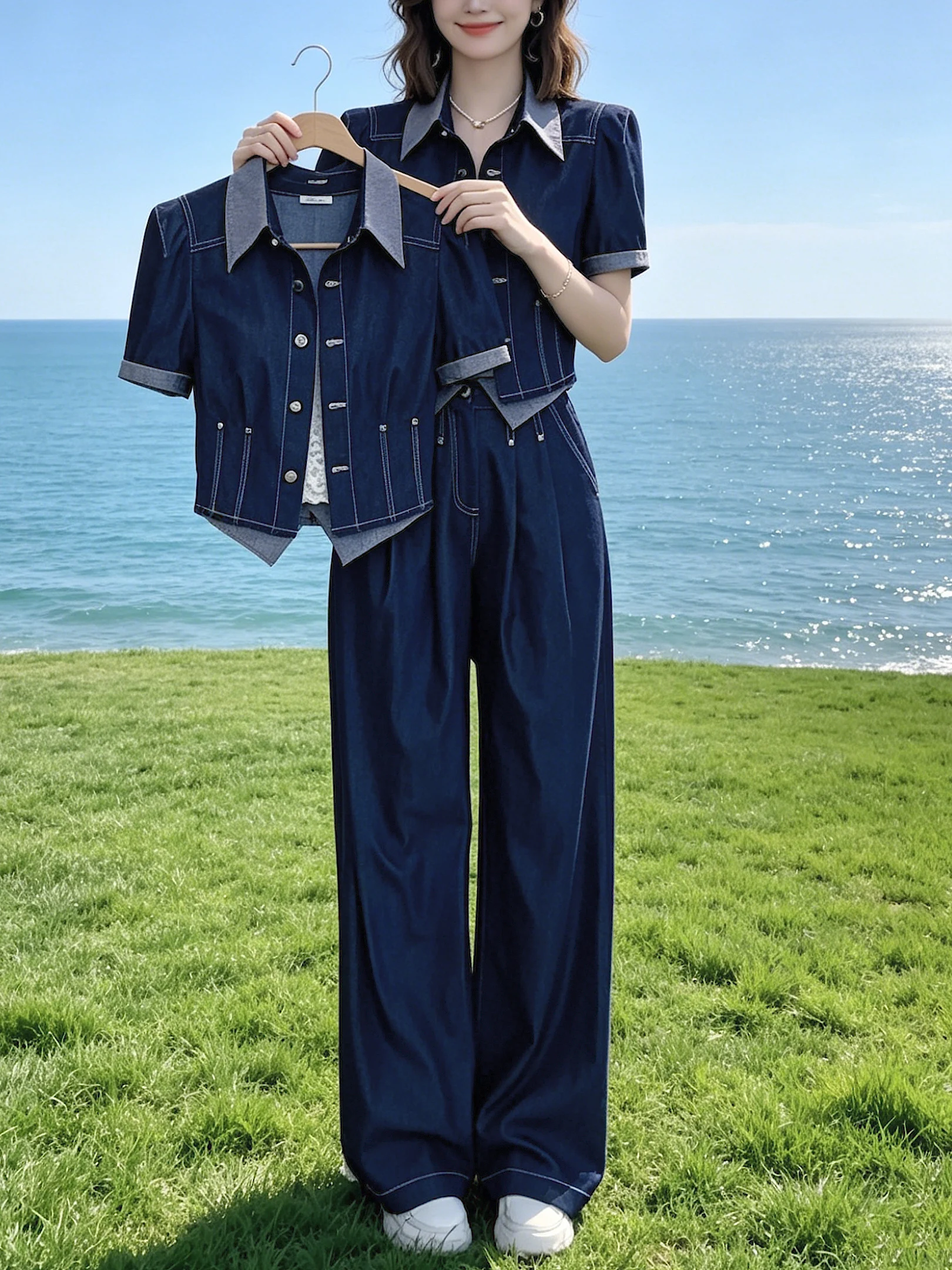 Summer Casual Women's Denim Sport Set Short Sleeve Straight Leg Pants Two Piece Suit Popular Trend 2026 New Style Online Excl...