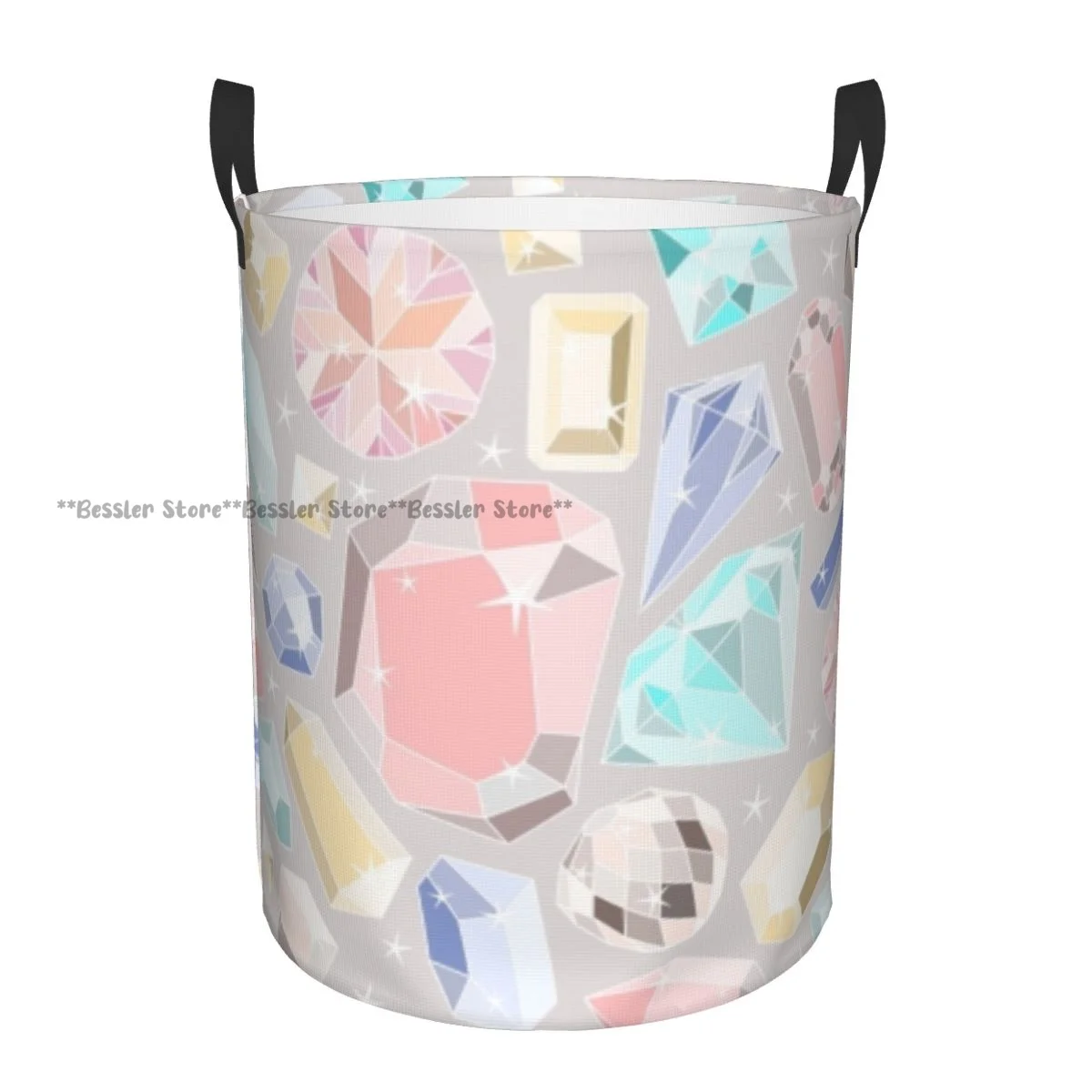 Laundry Basket Colorful Diamond Gemstone Rich Feminine Round Storage Bin Collapsible Hamper Clothes Bucket Organizer