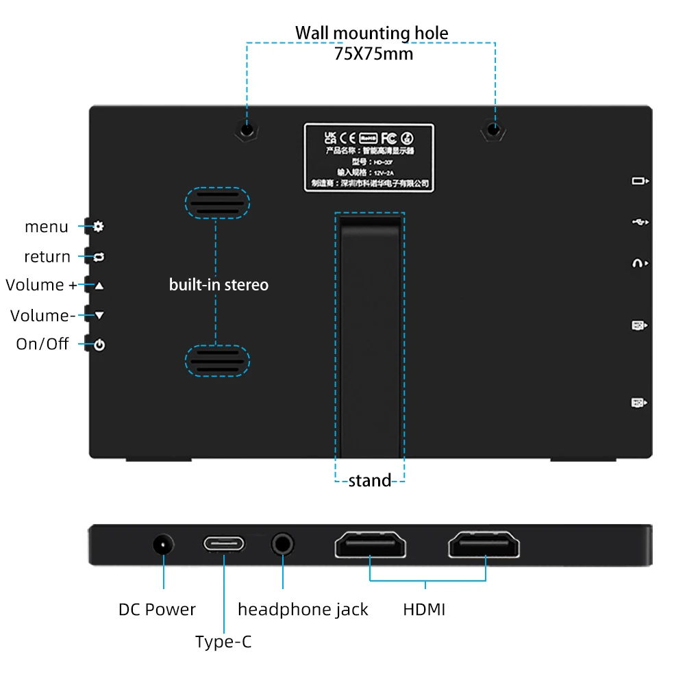 7-inch portable monitor, 1024x600，IPS power screen，compatible with HDMI，with stand，suitable for PC, laptop, camera, TV box, DVD