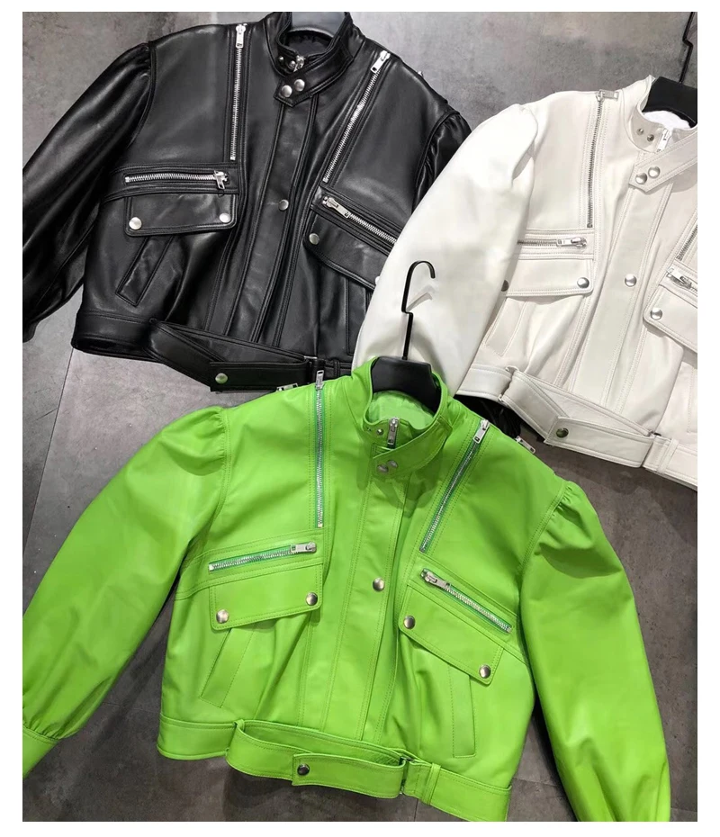 Spring Ladies Genuine Lambskin Leather Coat White Green Black Leather Jacket Women