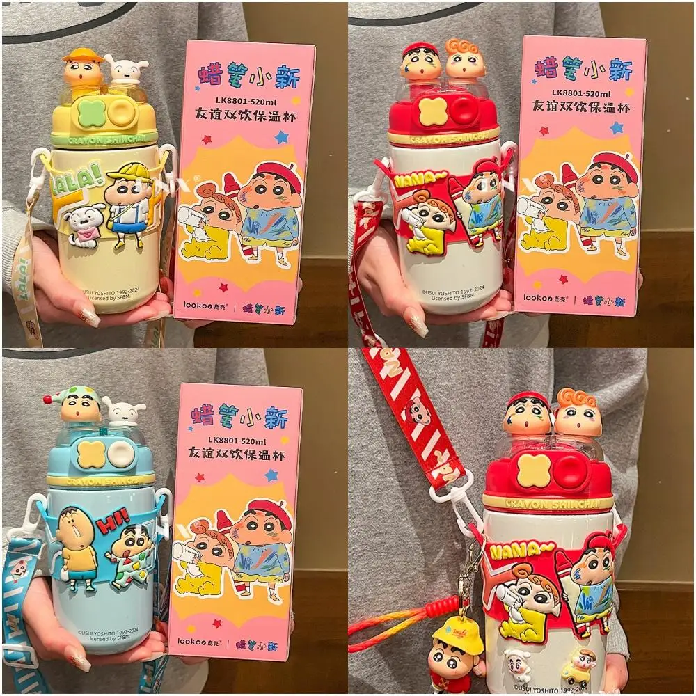 520Ml Thermos Cup Crayon Shin-Chan Anime Cartoon Cute Portable Water Bottle Large Capacity Straw Cup Stainless Steel Water Cup