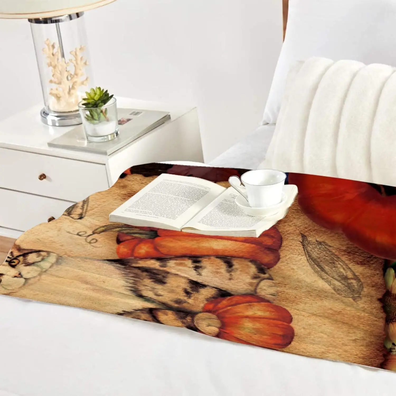 Retro Thanksgiving Fall Pumpkin Turkey cat Blanket, Flannel, Soft and Comfortable, Suitable for Sofa, Living Room, Bedroom