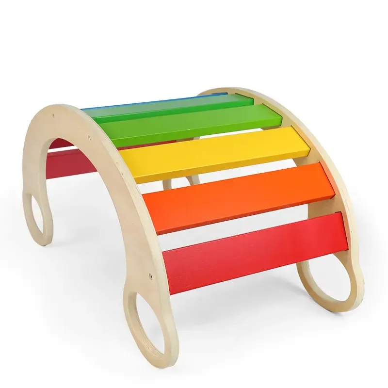 Wooden Rainbow Bridge Rocker Board Climbing Toy for Kids Baby Balance Training Chair Indoor Play Equipment