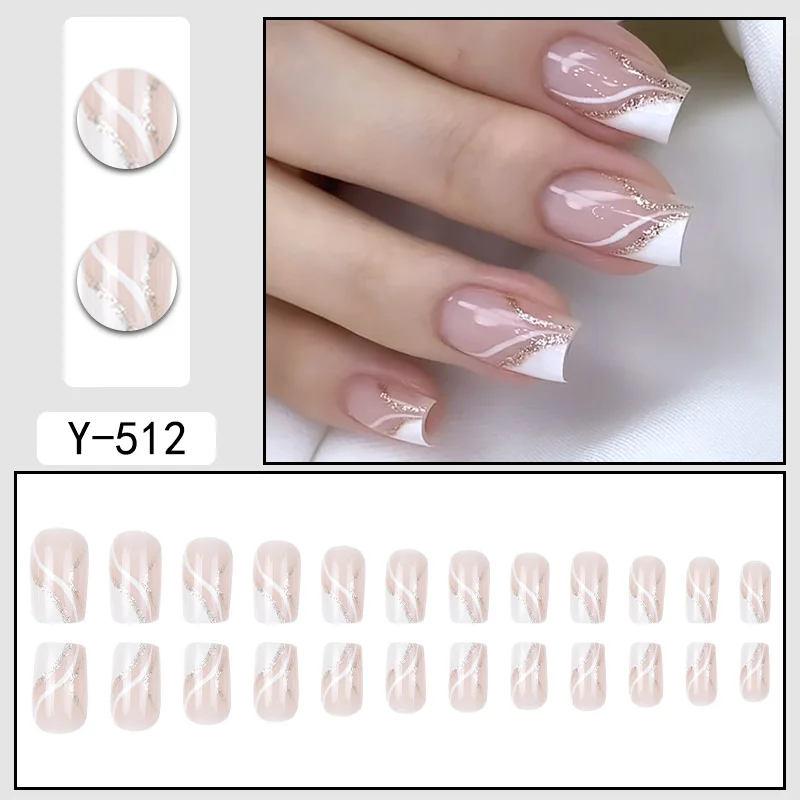 24 pezzi Unghie finte francesi bianche a doppio strato ad angolo quadrato medio Unghie artificiali dal design semplice