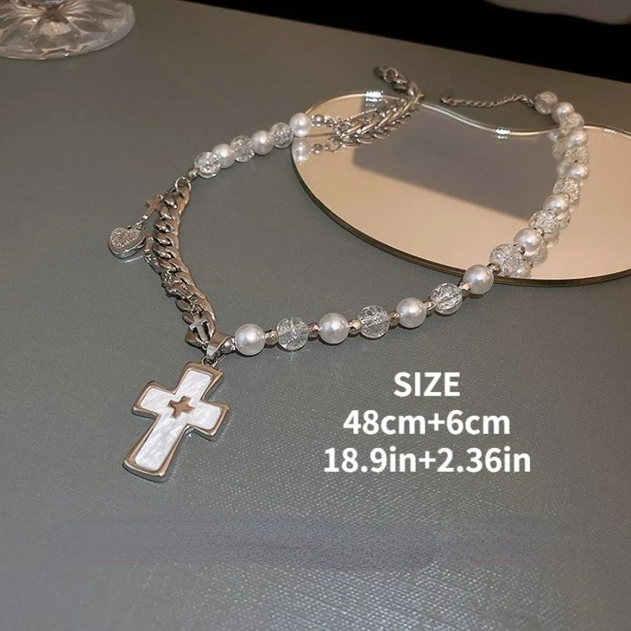 التيتانيوم الصلب الصليب الحب قلادة مع فو اللؤلؤ سلسلة قلادة هدايا عيد الميلاد سترة سلسلة للنساء الفتيات مع صندوق هدية #6