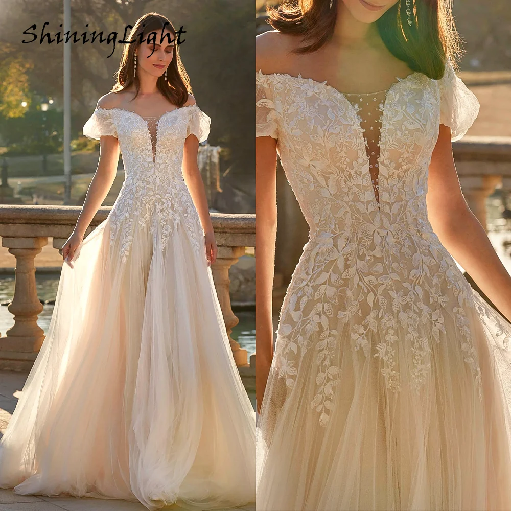 

ShiningLight Off Shoulder Tulle Wedding Dress vestidos de novia Bohemian Sweetheart Appliques A Line Bridal Gown Customized