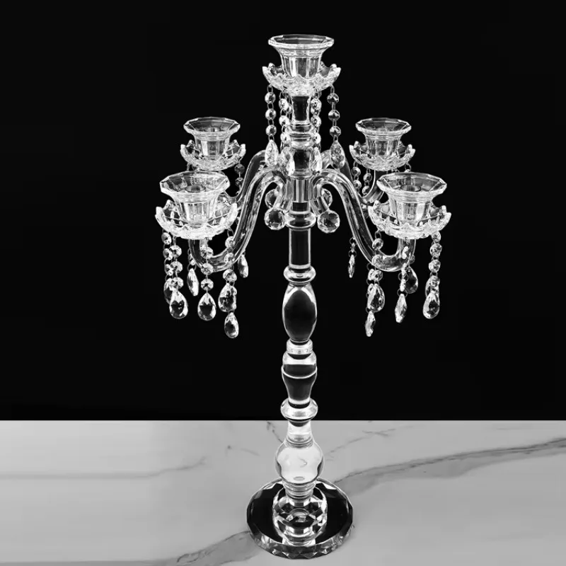 Wedding Table Decoration 5 Arms Crystal Glass Candle Holder Candlestick Glass Cylinder Tube Rod Crystal Candelabra
