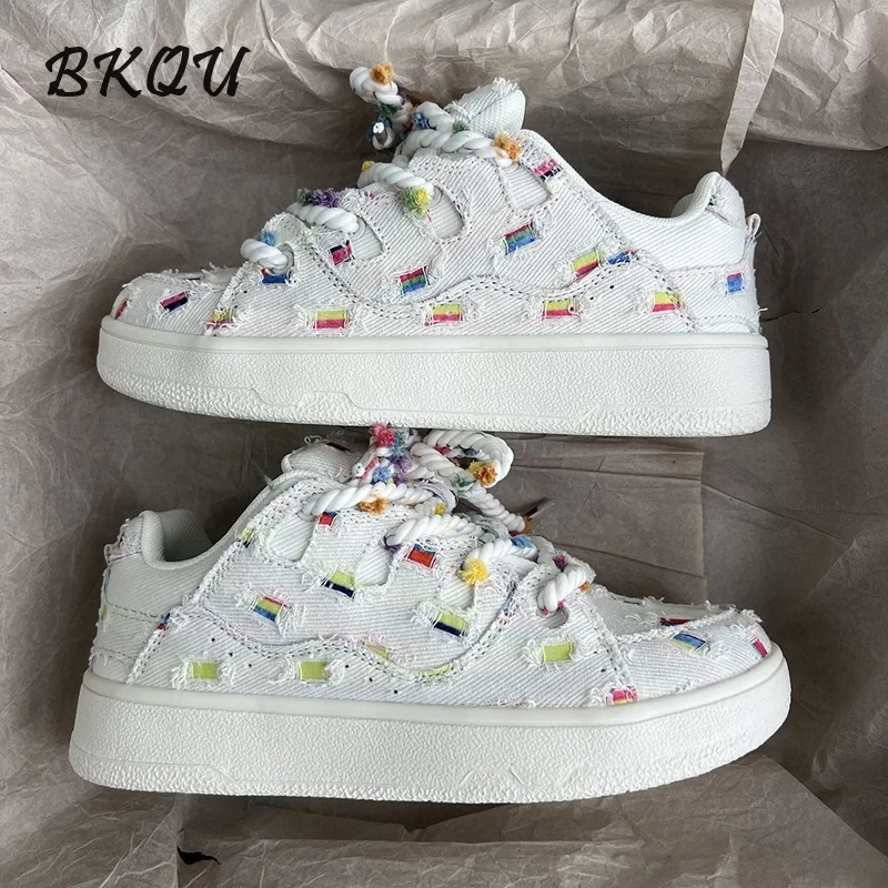 BKQU Rainbow Lattice Denim Canvas Vulcanized Shoes Women 2024 Autumn Breathable Thick Soles All Match Niche Sports Casual Shoes