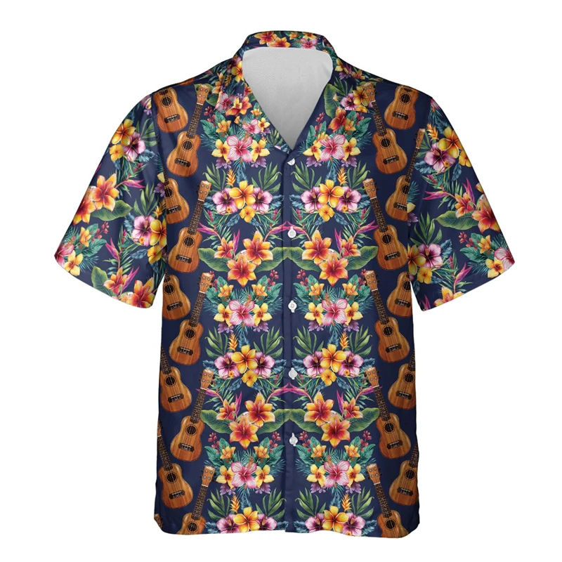 Camisas Ukulele masculina, camisa de praia casual, instrumento havaiano, blusa lapela cantora masculina, roupa de menino, moda