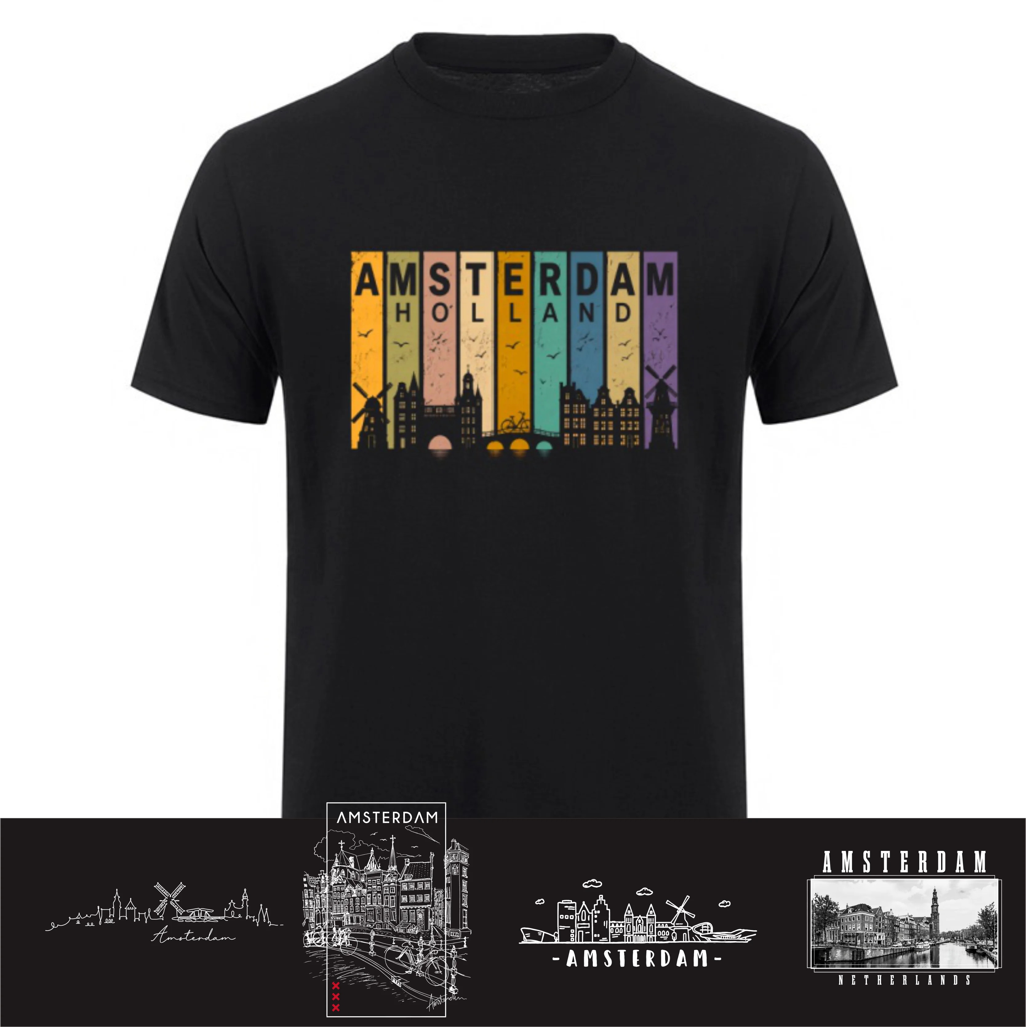 Amsterdam Skyline Netherlands Holand Amsterdam T-Shirt Fashion Cotton Short Sleeve Streetwear Tops HJ-092