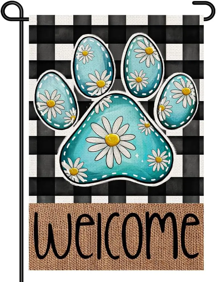 Welcome Paw Print Spring Garden Flag 12x18 Double Sided, Blue Daisy Paw Buffalo Plaid Outdoor Decor for Porch Yard Patio, Pe ZZM