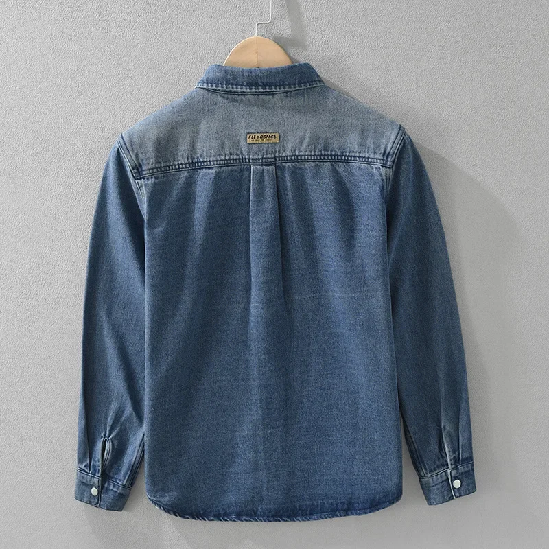 

Мужская джинсовая рубашка весна 2025: новая коллекция, уличный стиль, ретро, с длинным рукавом, повседневная, свободная, на кнопках, ковбойская, модная