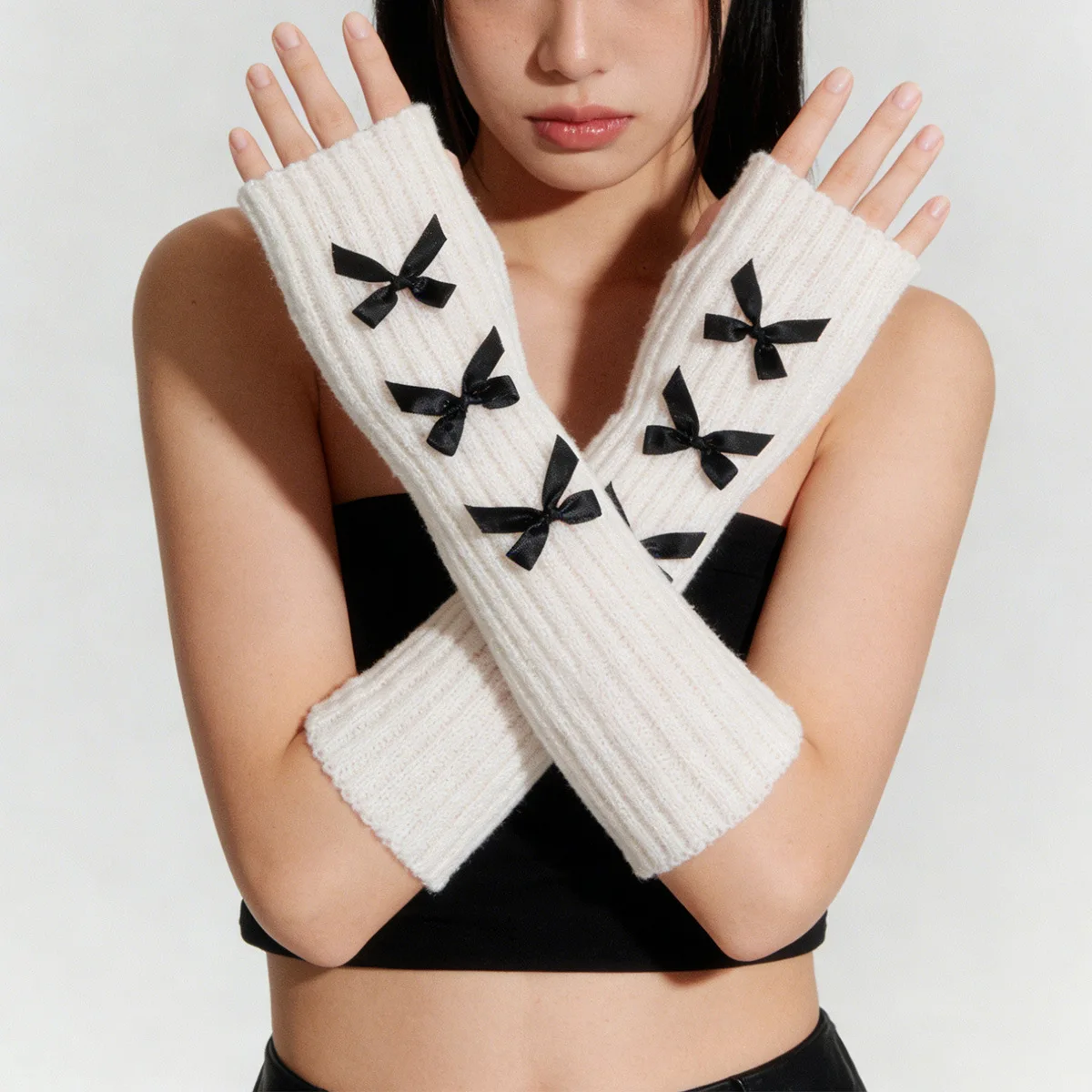 women Y2K Fashion Arm Warmers Bowknot Soft Knitted Gloves Woman Girl Half Finger Mittens Solid Color Thicken Arm Sleeves new