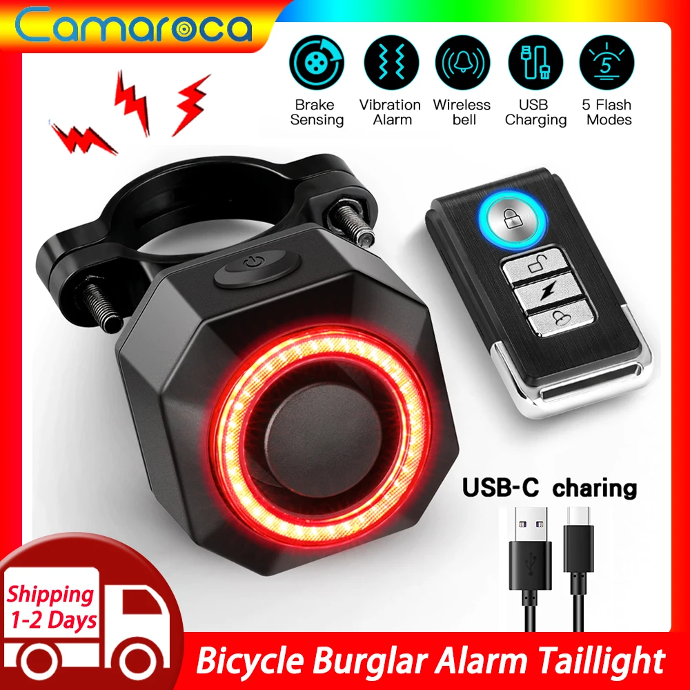 Camaroca Bike Burglar Alarm Taillight Waterproof Remote Control USB Charge Bicycle Rear Light Smart Auto Brake Sensing Tail Lamp