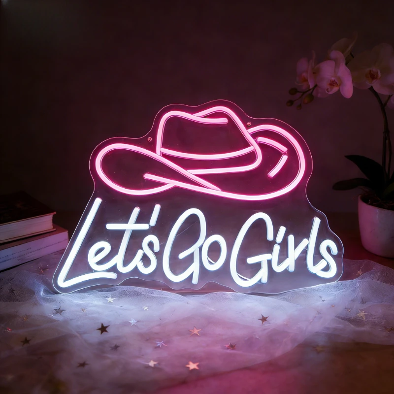 レッツゴーガールズ-ネオンサイン-調光可能ledネオンライト-独身女性パーティー-サロン-寝室装飾-usb-カウボーイハット型-楽しい壁飾り