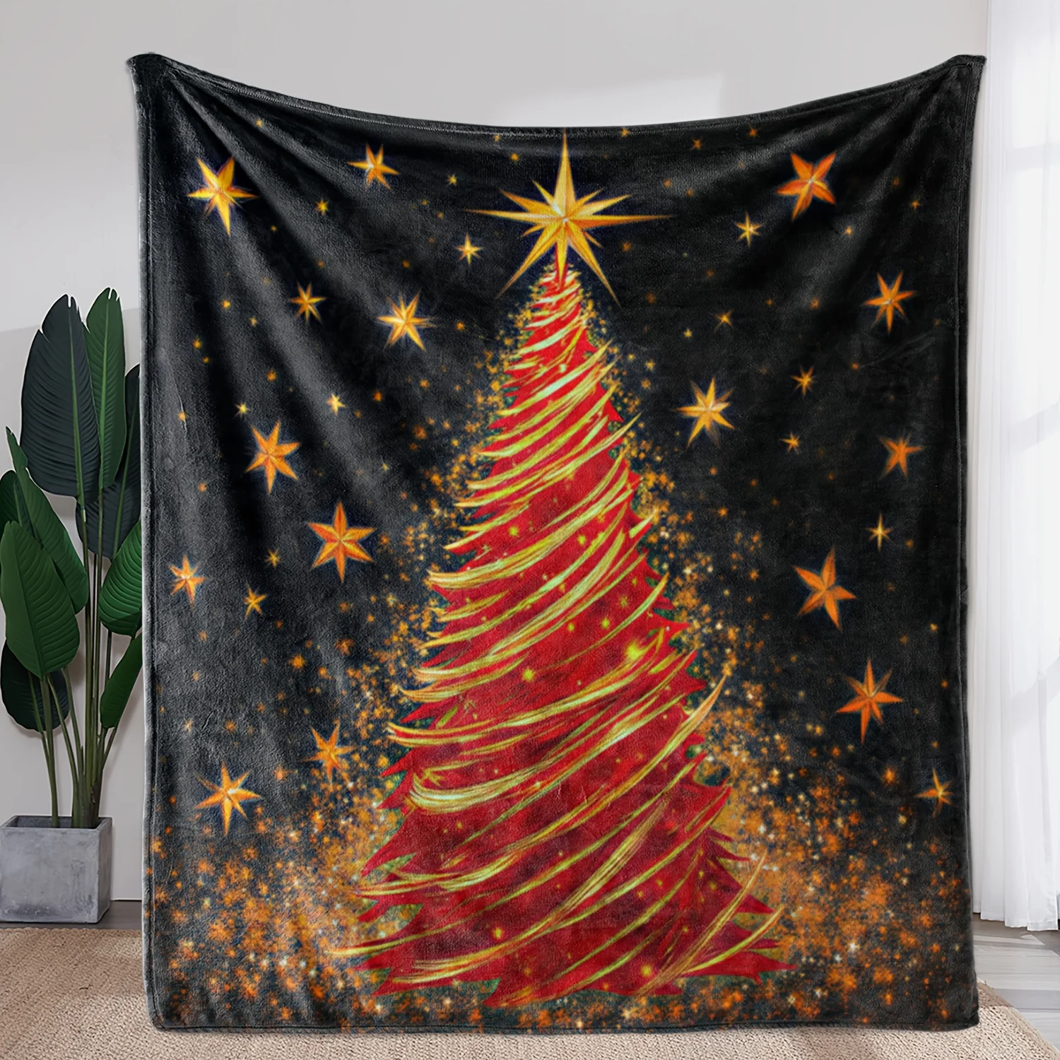 Manta de franela Zeal Lily, tiro suave y cálido con estampado de árbol de Navidad rojo y estrellas doradas, colcha de sofá de franela de lujo, coche, 1 ud.