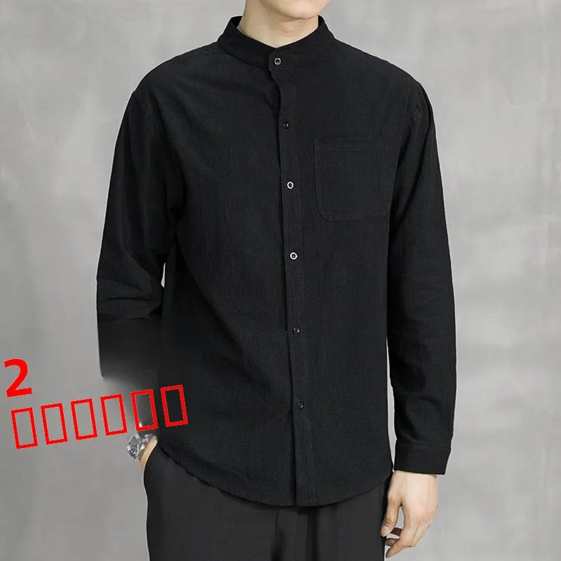 Camisa Casual de Lino y Algodón Negra para Hombre, Manga Larga, Cuello Mao, Ropa de Abrigo Ligera de Corte Holgado para Primavera y Otoño