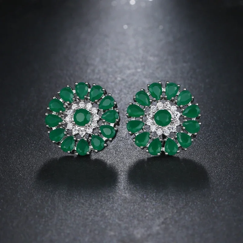 LXOEN Ethnic Green Crystal Stud Earrings For Women Silver Color Flower Studs Ear AAA Zircon Earrings Jewelry Gift Pendientes