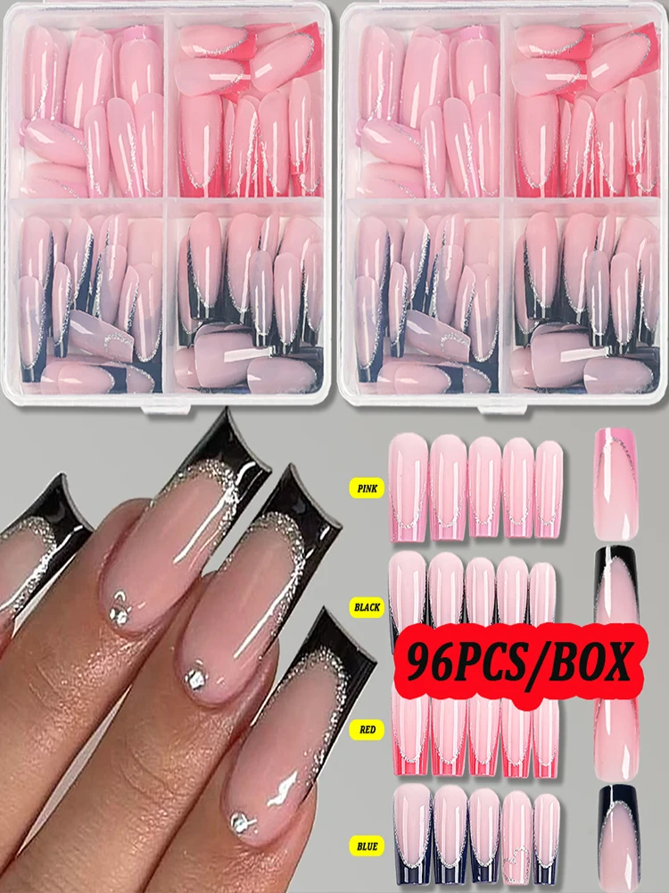 96 pièces/boîte 4 couleurs faux ongles français mi cercueil noir rouge français argent paillettes conception presse sur faux ongles mixte couverture complète ongles