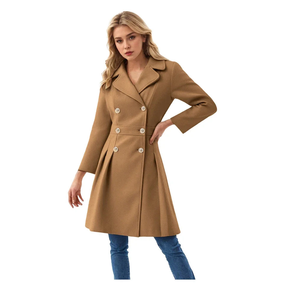 Women Fashion Long Trench Coat Notch Lapel Double Breasted Thick A Line Coats With Pockets Slim Waist Women Youth