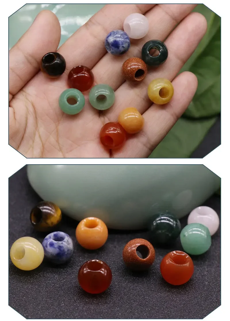 5pcs 12mm Large Hole Beads Natural Semi-precious Stone11Colors for Choice Hole Size Approx 5mm DIY Manual Accessories  Wholesale