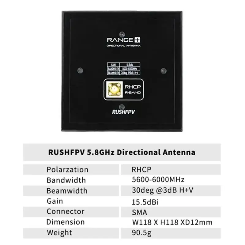 

RUSHFPV 5.8G RANGE PLUS 4X Directional Patch Antenna 15.5dBi RHCP SMA 5600-6000MHz Circular Polarized Antenna for RC FPV Drone