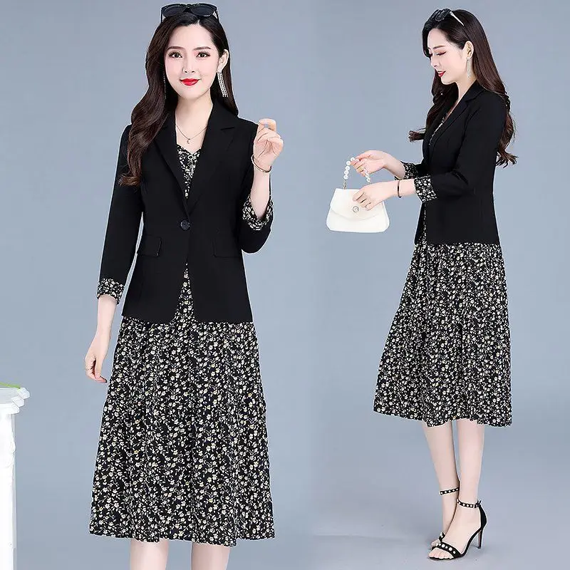 Elegant Women Floral Dress Suit 2023 Spring Autumn Three Quarter Blazer Coat+Sleeveless A-Line Dress Two Peice Sets Plus Size