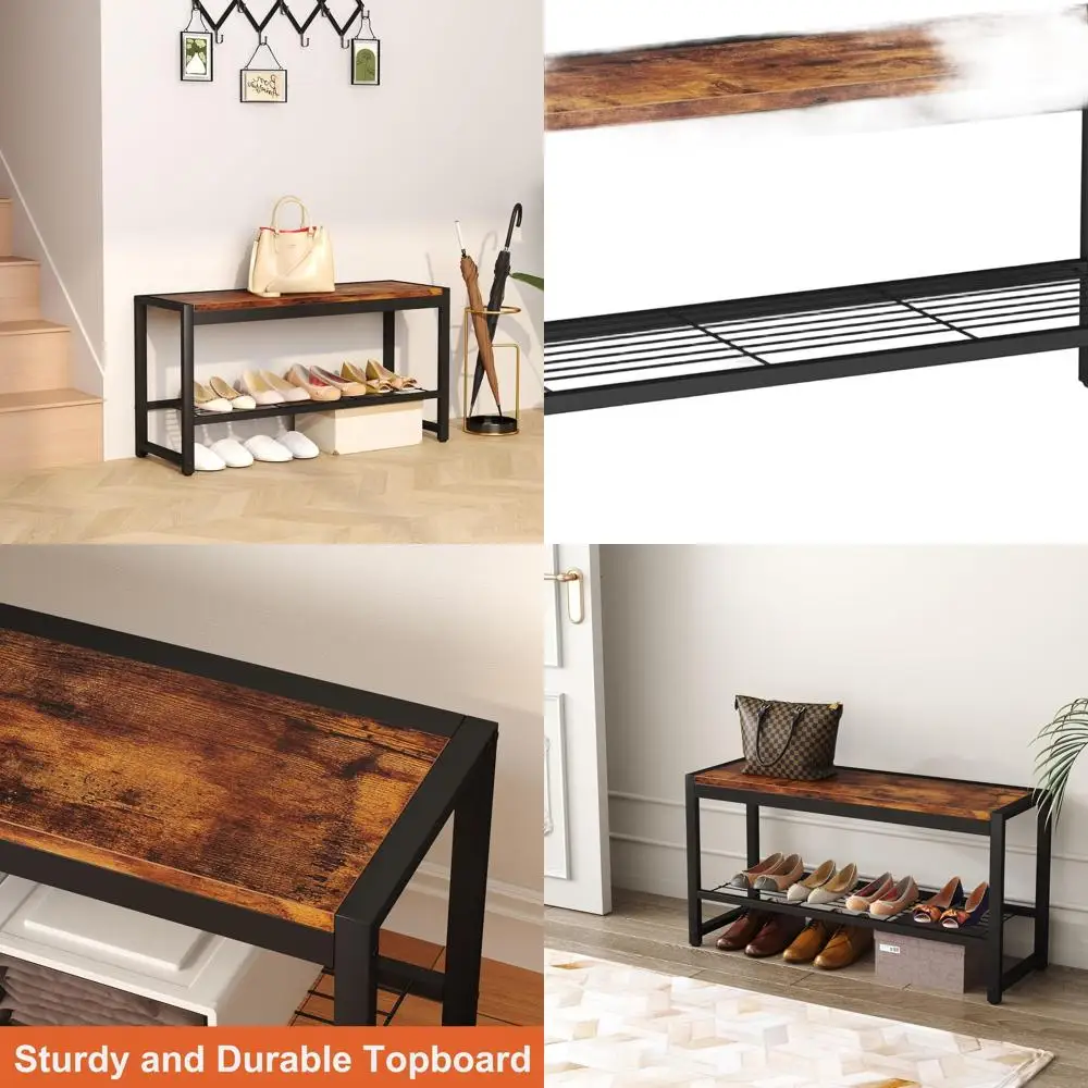 

Промышленная современная скамья для обуви с сетчатой полкой, коричневый металлический каркас в деревенском стиле для хранения в прихожей