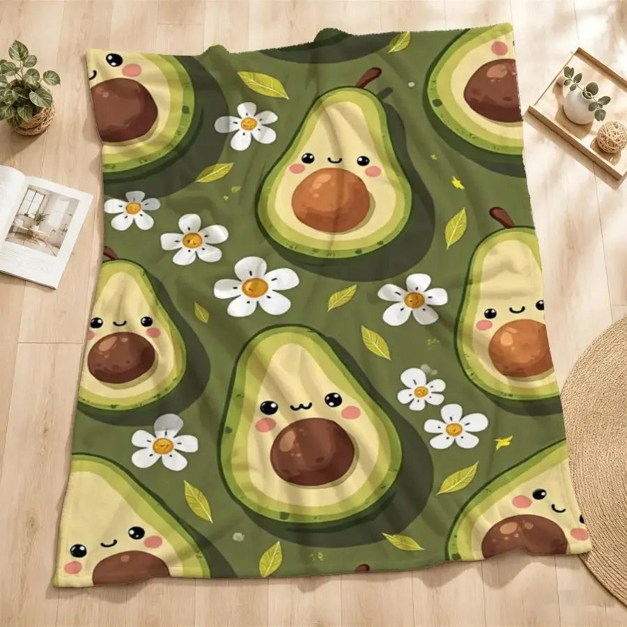 Kawaii Avocado Smiles Flannel Throw Blanket-Soft & Warm with Floral Leaf Pattern on Olive Green Cozy Decor for Couch, Bed & Offi