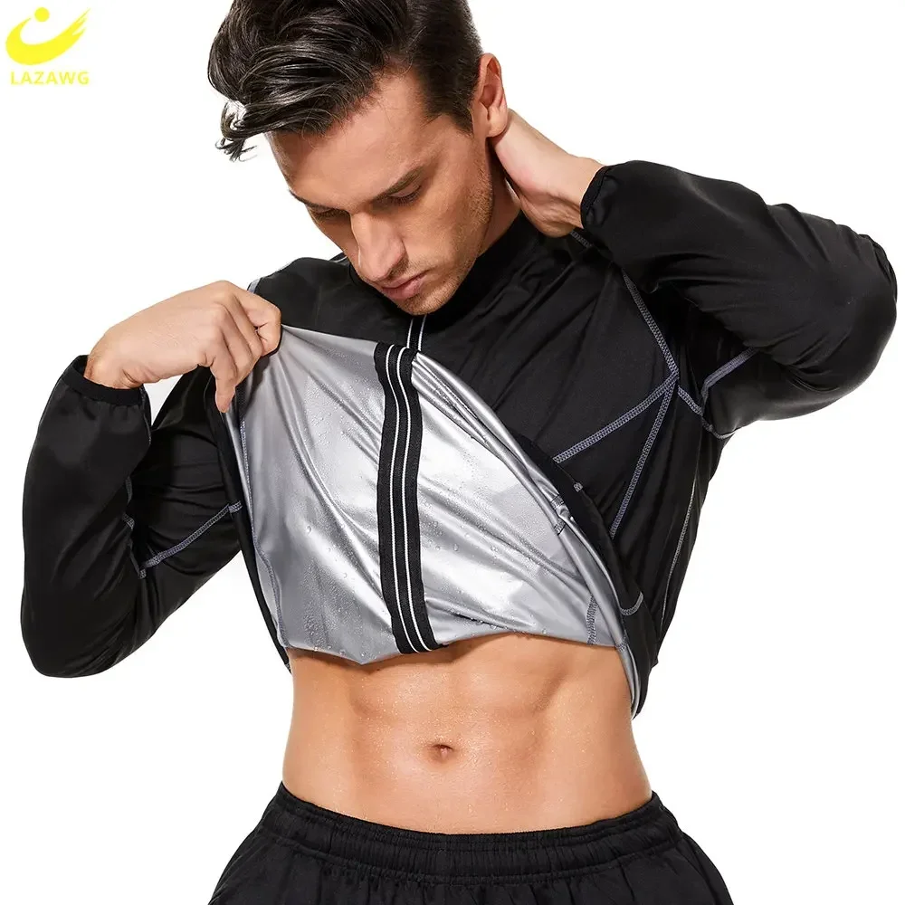 LAZAWG Sauna Jacket for Men Weight Loss Top Sweating Long Sleeves Thin Fat Burning Fitness Sportwear Slimming Gym Body Shaper