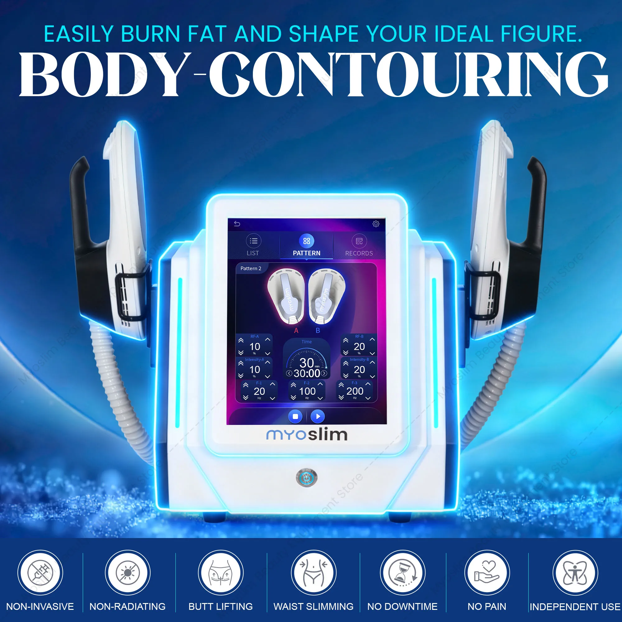 MYOSLIM E28 6500W EMS BODY SHAPING MACHINE PROFESSIONAL SALON SPA MUSCLE STIMULATION CONTOURING SYSTEM TOUCH SCREEN 2 HANDLES