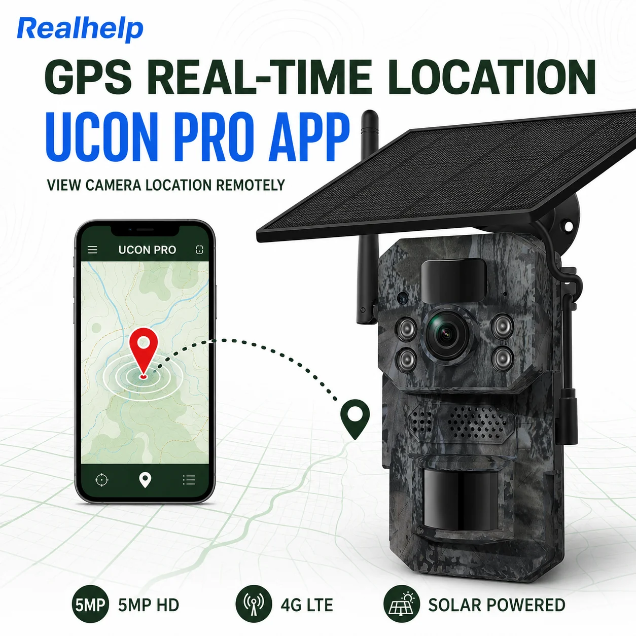 Caméra de chasse solaire 4G 5MP avec suivi GPS UCON PRO, vision nocturne sans lueur, capteur PIR, IP66 pour la surveillance de la faune