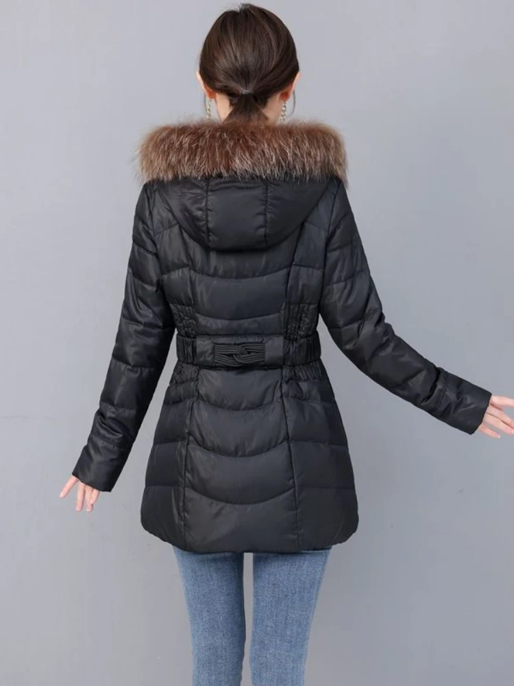 2023 Winter Parkas Women\'s Medium Length Slim Casual Raccoon Fur Collar Hooded Warm Down Jackets Female Coats Women