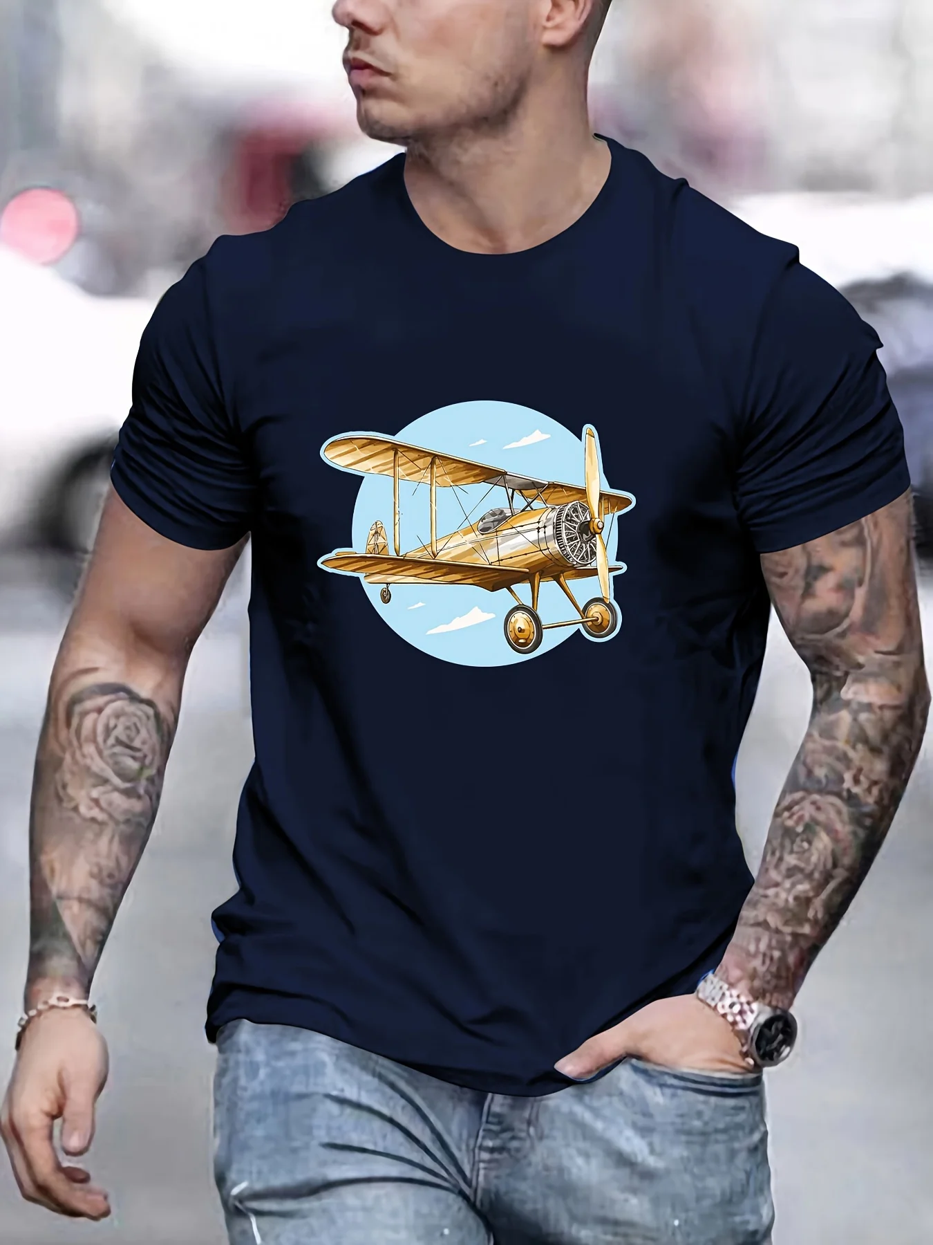 

Vintage Biplane Airplane Graphic Tee Men Cotton Breathable Crew Neck Short Sleeve Summer Trip T-shirt