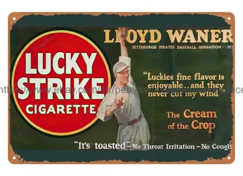 deco garage baseball player Lloyd Waner cigarette tobacco ads metal tin sign