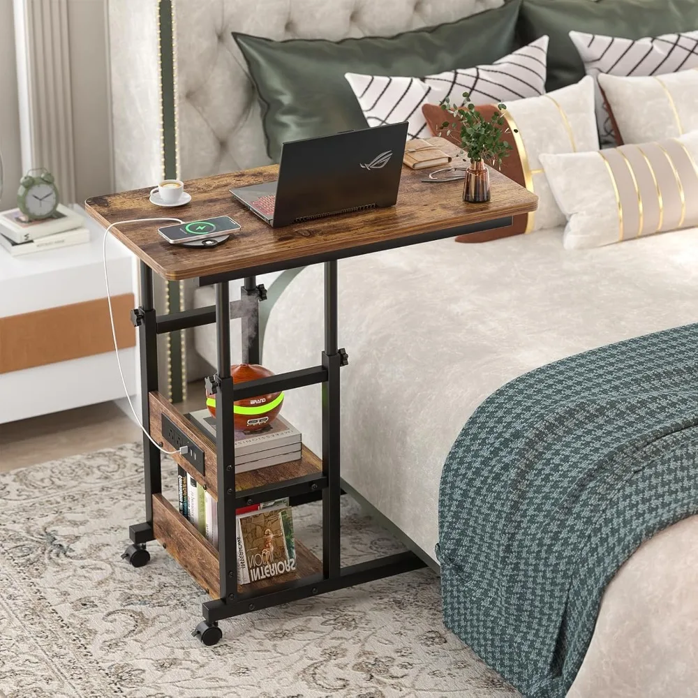 Height Adjustable End Table with Charging Station Mobile C Shaped Laptop Side Table with Wheels 3-Tier Sofa Couch Table