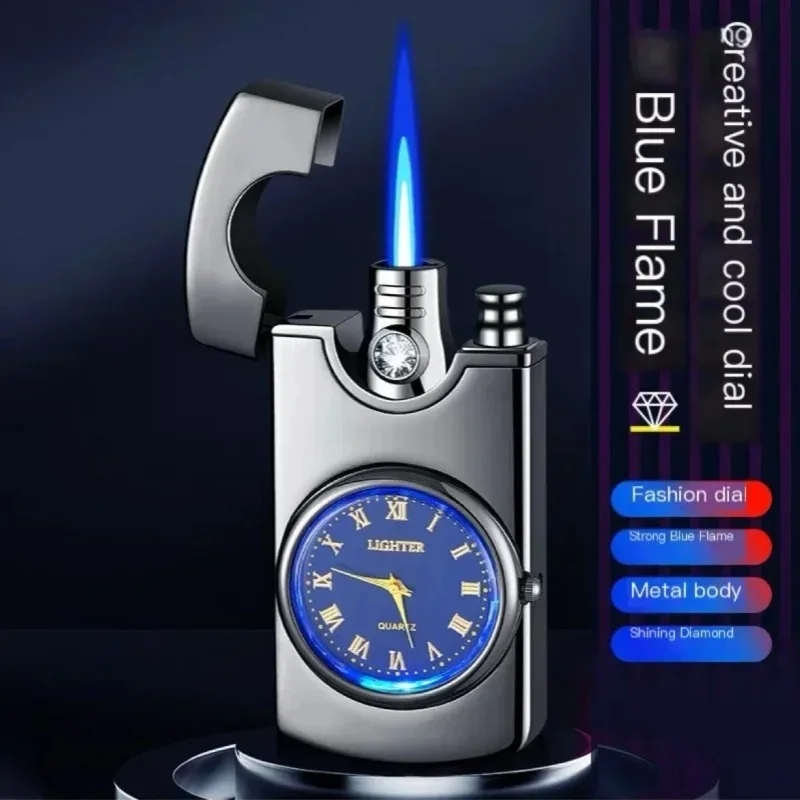 Novel Unique Flame JetMetal Butane Gas CigarLighters Creative LighterWith Clock PremiumFestival Gifts SmokingAccessories