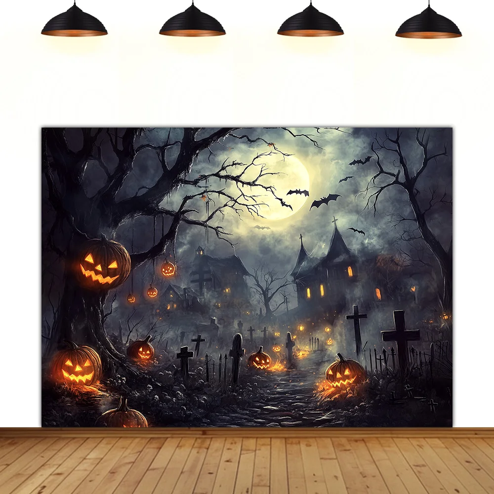 

Halloween background terror theme skeleton castle black full moon pumpkin festival room decoration gift photography backdrop