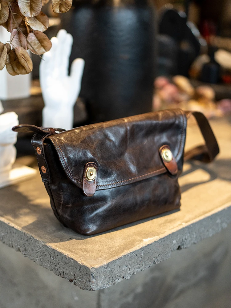Outdoor daily work high quality cowhide leather men's messenger bag casual vintage luxury handmade genuine leather shoulder bag